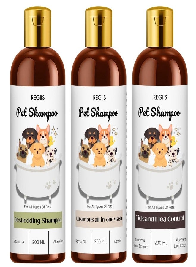 مجموعة شامبو الحيوانات الأليفة من ريجيس، عبوة من 3 قطع، 200 مل لكل قطعة، لإزالة الشعر الزائد، غسول فاخر شامل، مكافحة القراد والبراغيث لجميع أنواع الحيوانات الأليفة، مع مستخلص جذر الكركم وفيتامين أ (عبوة من 3 قطع) - Image 1